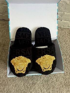 Versace Black Velvet Slippers with Gold Medusa Patch